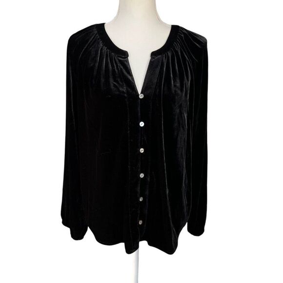 Faherty Naomi Velvet Velour Stretch Button Front Blouse Black Size Medium - Picture 1 of 8